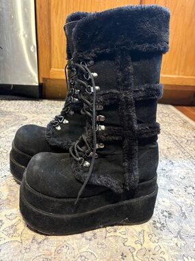 Demonia Black Faux Fur Lace-Up Platform Boots